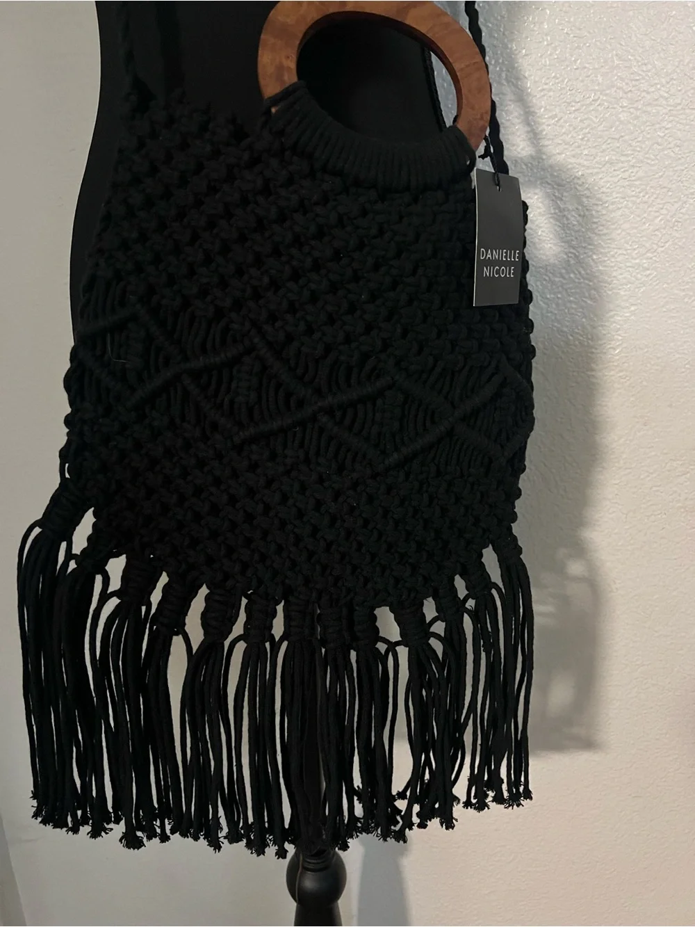NWT Danielle Nicole Black Macramé Fringe Crochet Crossbody Bag with Wood Handle